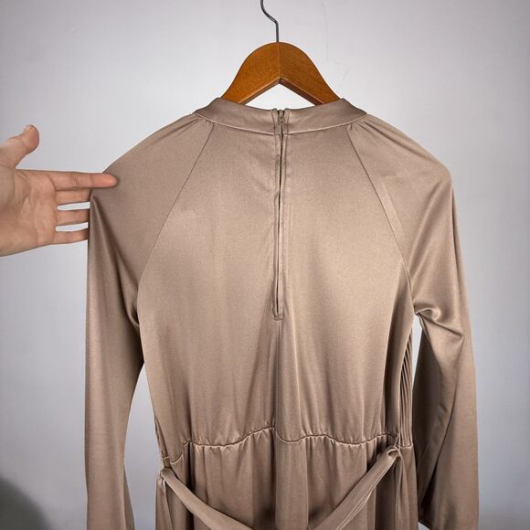 Vintage 70s Taupe Champagne Pleated Belted Midi Dress - Picture 4 of 9